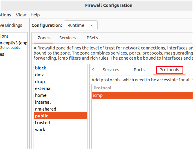 โปรโตคอลในโซนสาธารณะ ใน firewall-config GUI
