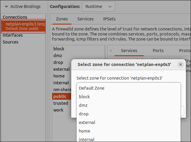 การย้ายอินเทอร์เฟซเครือข่ายจากโซนหนึ่งไปยังอีกโซนหนึ่งใน firewall-config GUI