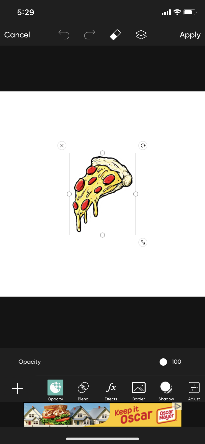 Pantalla de edición de la aplicación móvil Picsart