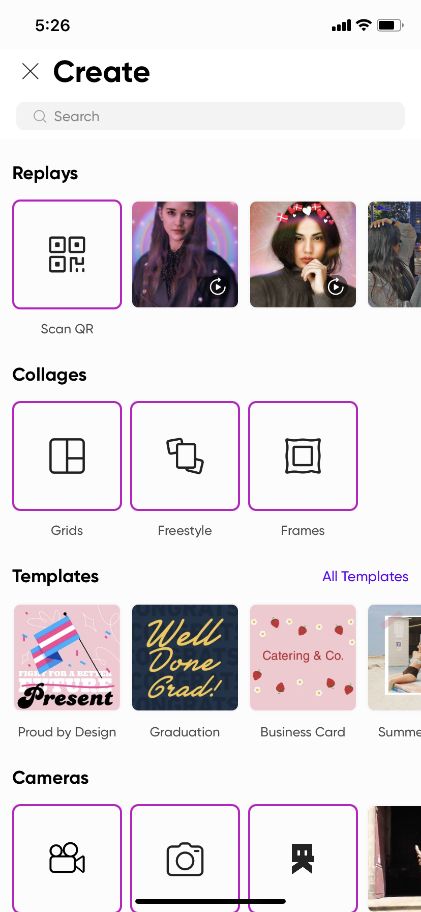 Pantalla de inicio de la aplicación móvil Picsart
