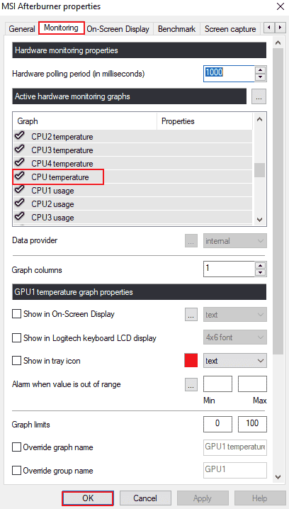 Habilite la temperatura de la CPU y haga clic en Aceptar. Formas de arreglar MSI Afterburner que no funciona en Windows 10