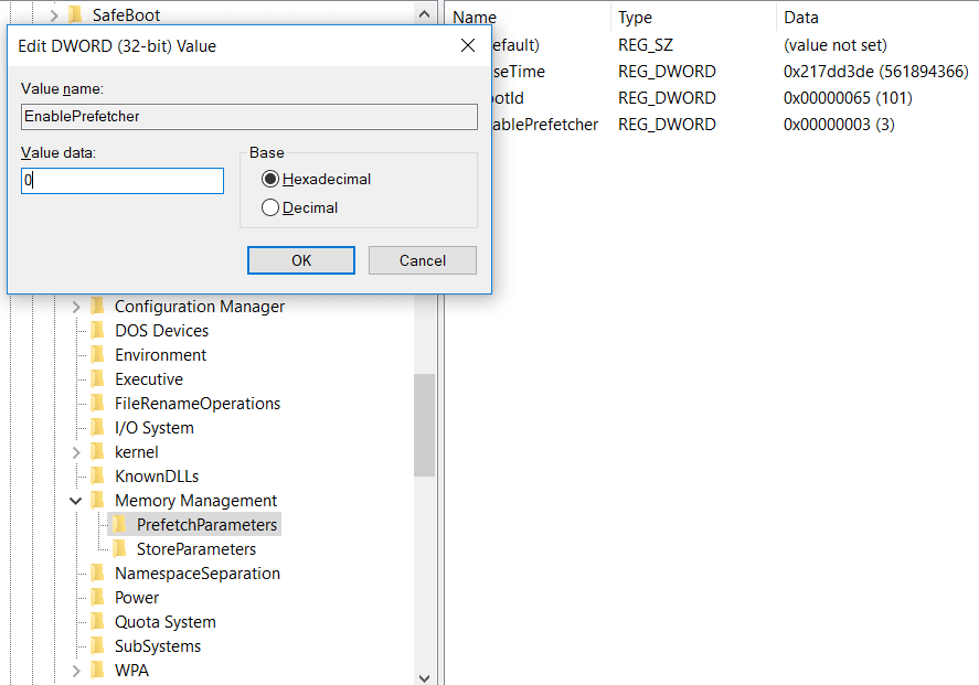 在值数据类型 0 中并单击 OK |在 Windows 10 中禁用 SuperFetch