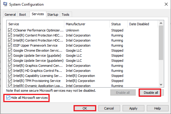 Marque la casilla para ocultar todos los servicios de Microsoft y haga clic en desactivar todo. Arreglar la superposición de origen que no funciona Titanfall 2