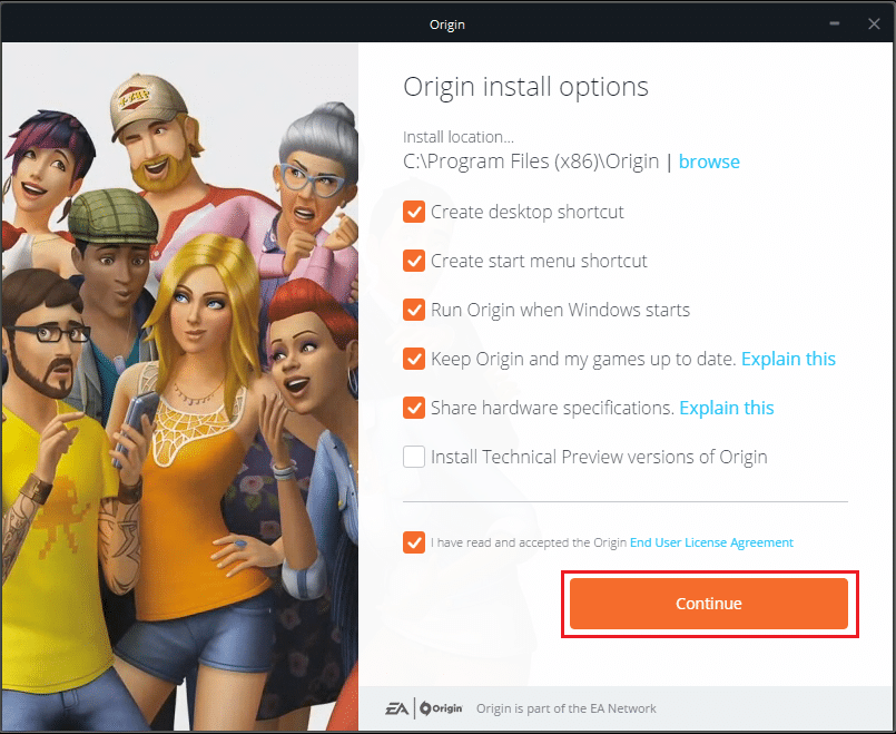 haga clic en Continuar para instalar Origin