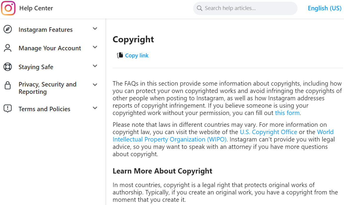 Pagina delle domande frequenti sul copyright di Instagram