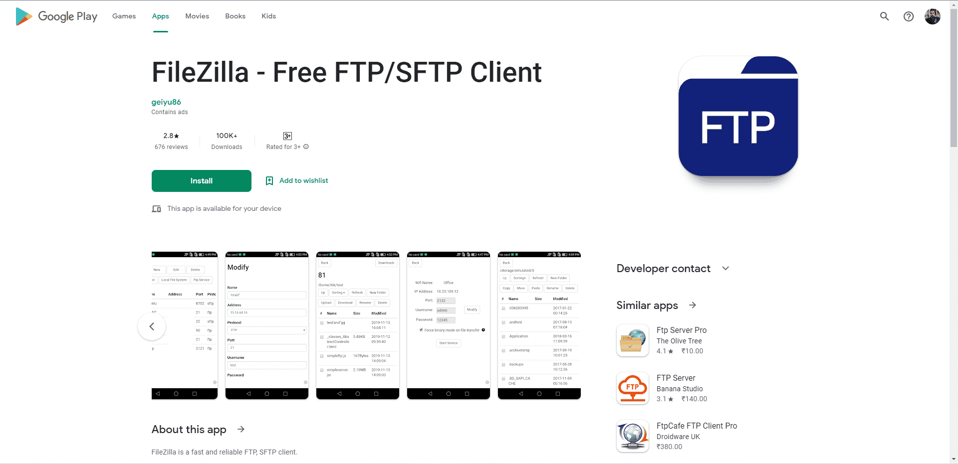 Pagina de pornire FileZilla Play Store