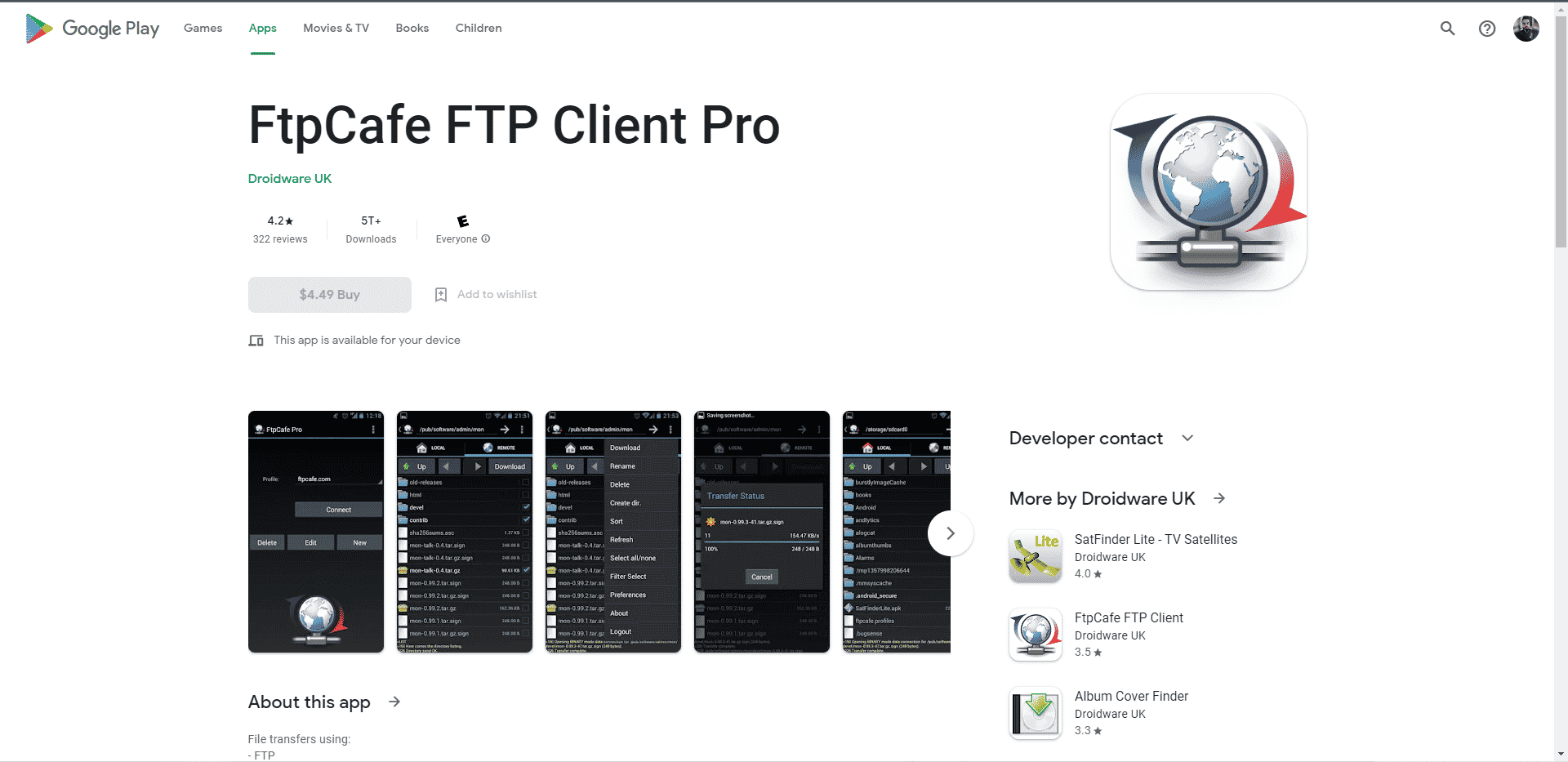 FtpCafe FTP Client Play Store pagina de pornire. Cei mai buni clienți de protocol de transfer de fișiere pentru Android