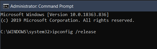 Командная строка запуска выпуска ipconfig