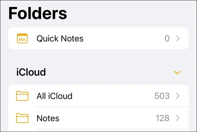 Dosarele Apple Notes pe iOS