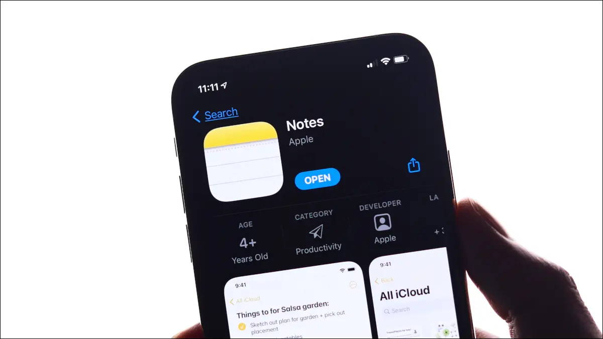 Apple Notes în AppStore pe ecranul unui iPhone.