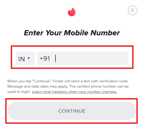 Inserisci il tuo numero di cellulare e clicca su Continua | Come si crea un nuovo account Tinder quando viene bannato