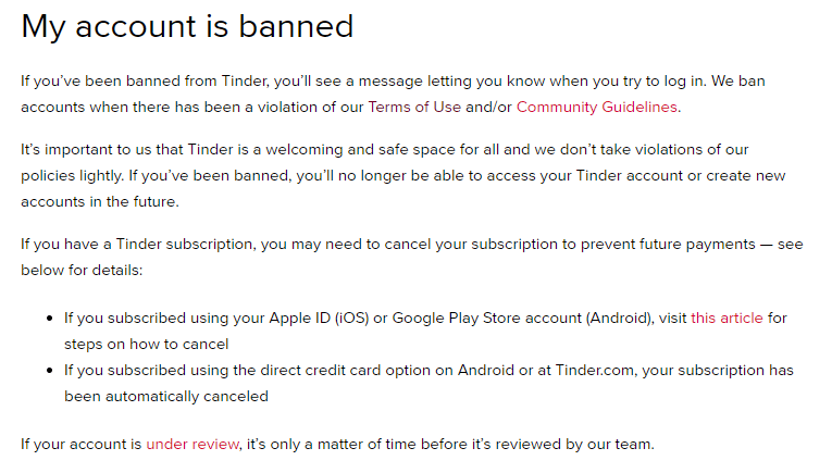 Conseguenze del divieto dell'account Tinder