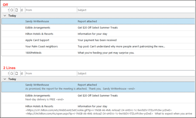 Предварительный просмотр сообщений в Outlook