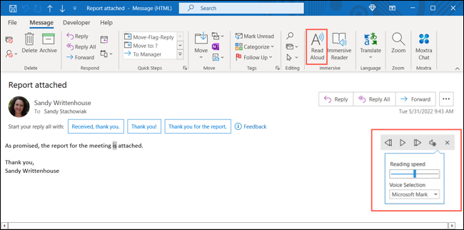 Читать вслух в Outlook