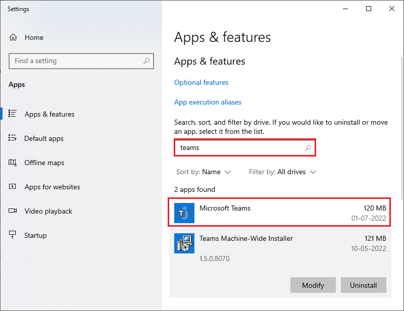 Maintenant, recherchez Teams dans le menu de recherche et cliquez sur Microsoft Teams