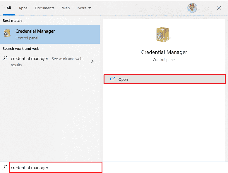 Appuyez sur la touche Windows et tapez Gestionnaire d'informations d'identification. Ensuite, cliquez sur Ouvrir.