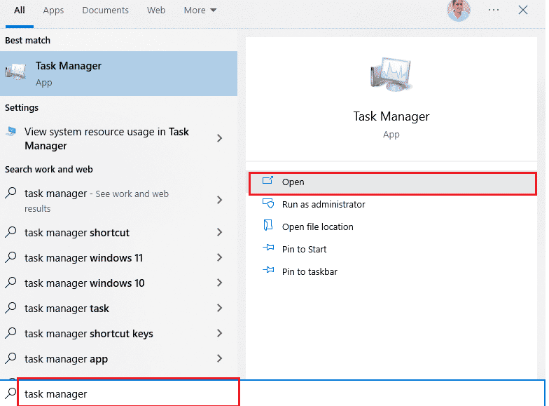 Appuyez sur la touche Windows et tapez Gestionnaire des tâches. Ensuite, cliquez sur Ouvrir. | Correction du plantage de Microsoft Teams sur Windows 10