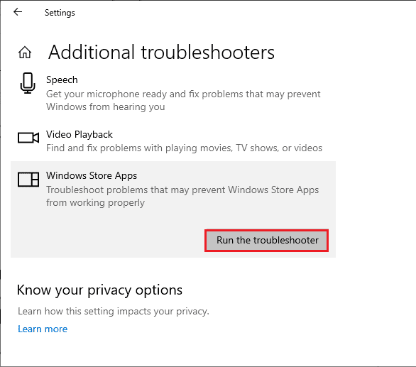 Maintenant, sélectionnez Exécuter le dépanneur, et le dépanneur des applications du Windows Store sera lancé maintenant | Correction du plantage de Microsoft Teams sur Windows 10