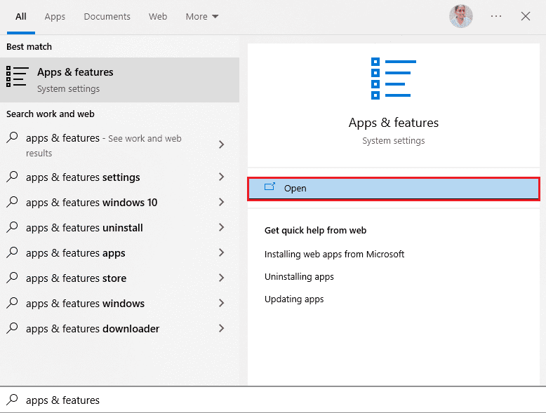 Appuyez sur la touche Windows et saisissez les fonctionnalités des applications.