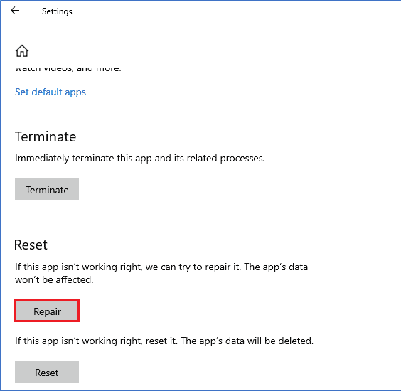 Tout d'abord, faites défiler l'écran et cliquez sur l'option Réparer | Correction du plantage de Microsoft Teams sur Windows 10