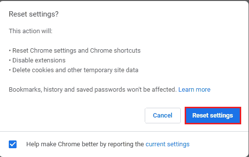 Confirmez l'invite en cliquant sur l'option Réinitialiser les paramètres | Réparez votre micro est mis en sourdine par les paramètres système dans Google Meet