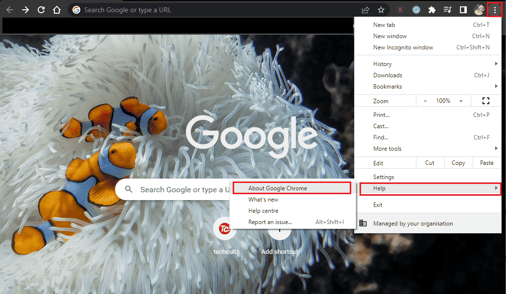 Lancez Google Chrome, cliquez sur l'icône à trois points et sélectionnez Aide - À propos de Google Chrome | Réparez votre micro est mis en sourdine par les paramètres système dans Google Meet