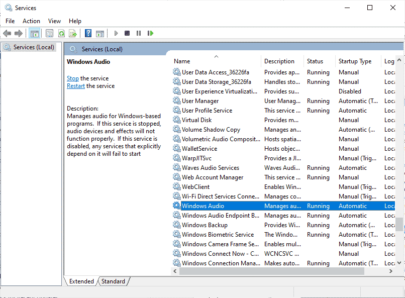 Maintenant, faites défiler vers le bas et double-cliquez sur le service Windows Audio.
