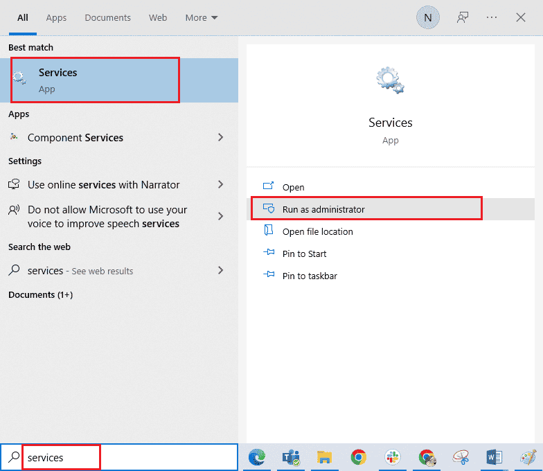Tapez Services dans le menu de recherche et cliquez sur Exécuter en tant qu'administrateur | Réparez votre micro est mis en sourdine par les paramètres système dans Google Meet