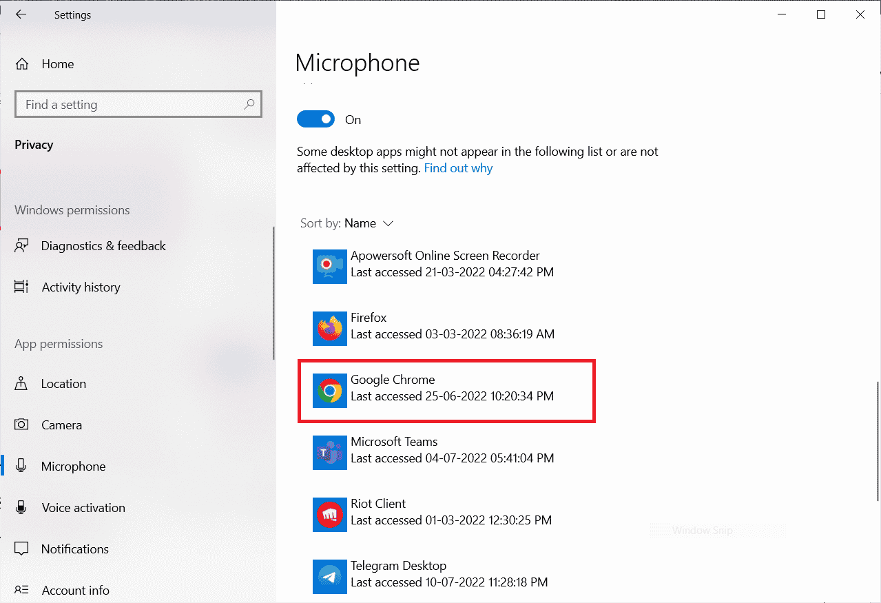 assurez-vous que Google Chrome est la liste autorisée des applications de bureau utilisant l'audio | Réparez votre micro est mis en sourdine par les paramètres système dans Google Meet