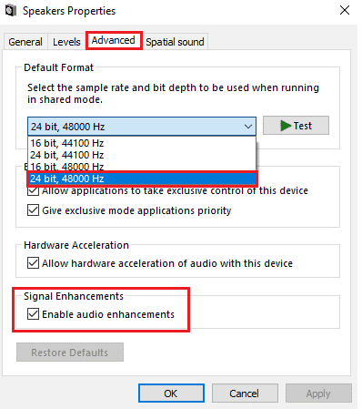 Assurez-vous que l'option Activer les améliorations audio est cochée sous Améliorations du signal | Réparez votre micro est mis en sourdine par les paramètres système dans Google Meet