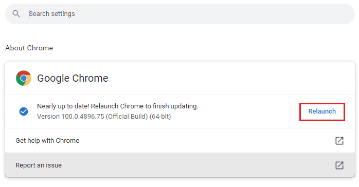 Si une nouvelle mise à jour est disponible, le navigateur se mettra automatiquement à jour vers la dernière version. Cliquez sur Relancer pour terminer le processus de mise à jour | Réparez votre micro est mis en sourdine par les paramètres système dans Google Meet