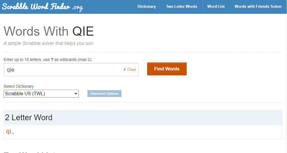เนื่องจาก QIE ไม่ปรากฏขึ้นในผลลัพธ์ คุณจึงไม่สามารถใช้ QIE เป็นคำใน Scrabble