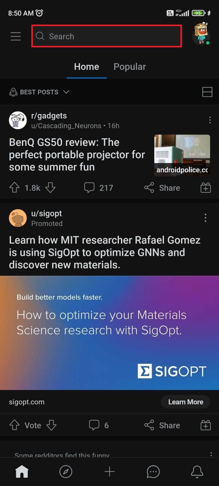 Toque na barra de pesquisa na parte superior | Como faço para excluir o histórico no aplicativo Reddit
