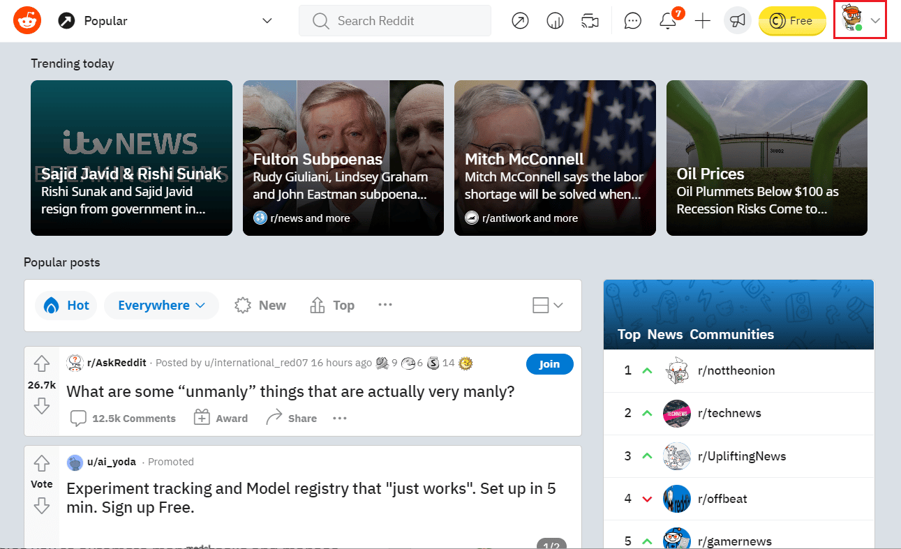 Clique no ícone Perfil no canto superior direito | Como faço para excluir o histórico no aplicativo Reddit