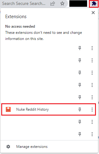 Clique no ícone Extensões na barra de ferramentas e clique na extensão Nuke Reddit History