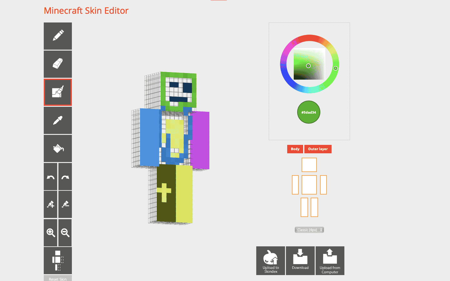 色で変更されたカスタムスキン。 MinecraftPCでスキンを変更する方法