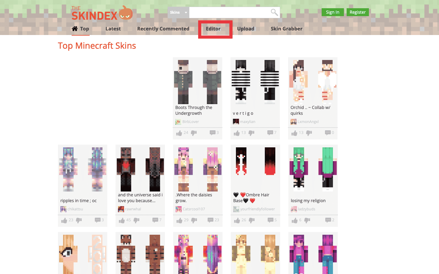 SkindexWebサイト起動エディター。 MinecraftPCでスキンを変更する方法