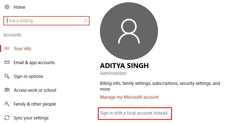Em vez disso, faça login com uma conta local