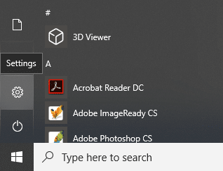 Clique no ícone do Windows e clique no ícone de engrenagem no menu para abrir Configurações