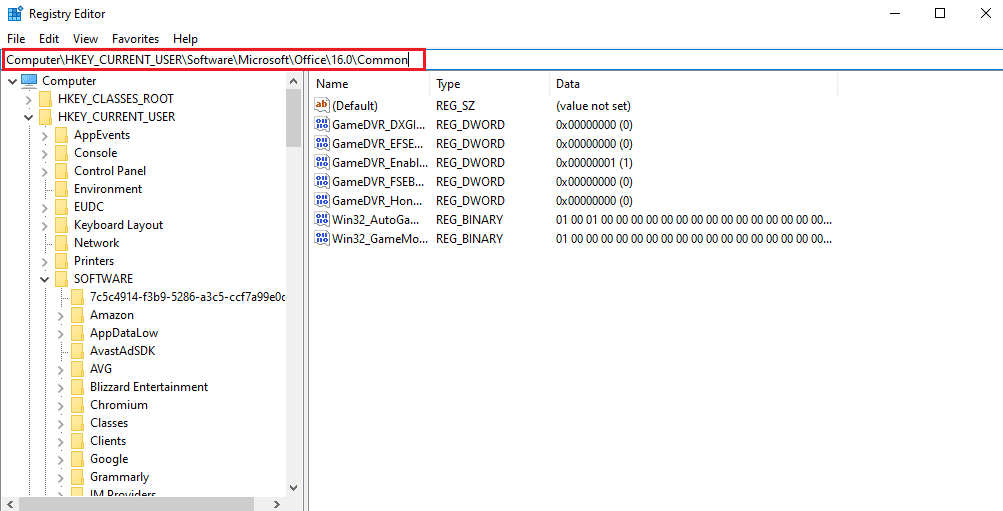 ป้อนซอฟต์แวร์ผู้ใช้ปัจจุบันของ HKEY Microsoft Office16.0 ทั่วไป แก้ไข Outlook เกิดข้อผิดพลาดที่ทำให้ไม่สามารถทำงานได้อย่างถูกต้อง
