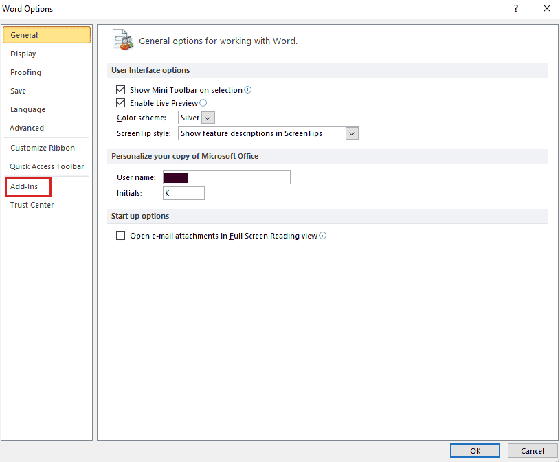 คลิกที่ Add In แก้ไข Outlook เกิดข้อผิดพลาดที่ทำให้ไม่สามารถทำงานได้อย่างถูกต้อง