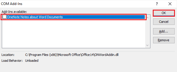 ยกเลิกการเลือก Add In แล้วเลือกตกลง แก้ไข Outlook เกิดข้อผิดพลาดที่ทำให้ไม่สามารถทำงานได้อย่างถูกต้อง