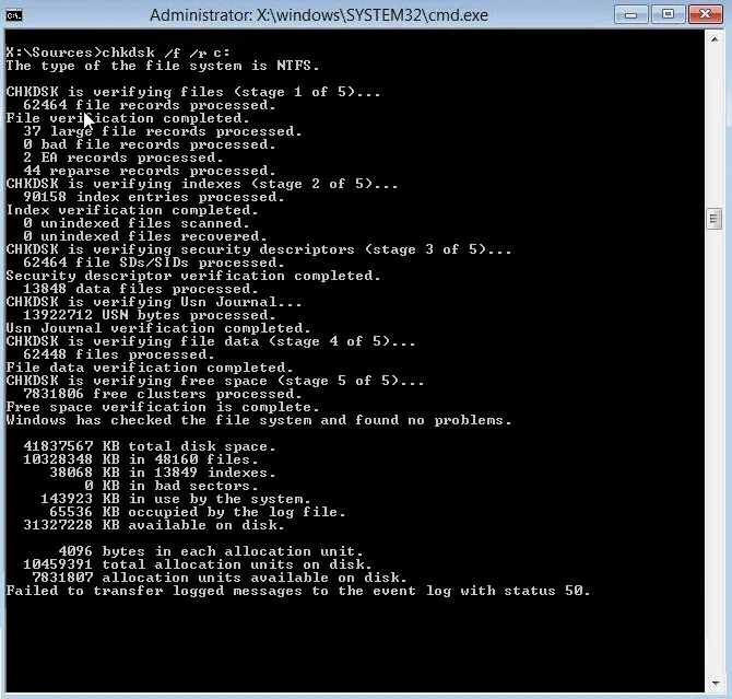 verifique a utilidade do disco chkdsk /f /r C: | Corrigir loop infinito de reparo de inicialização