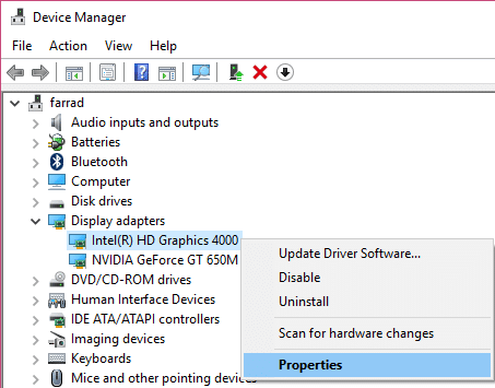 clique com o botão direito do mouse em Intel(R) HD Graphics 4000 e selecione Propriedades