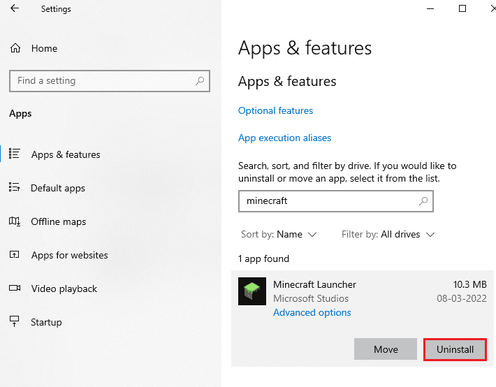 busque y haga clic en Minecraft Launcher y seleccione la opción Desinstalar. Arreglar el binario Java TM Platform SE que no responde en Windows 10