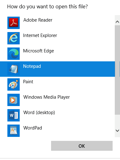 seleccione la opción Bloc de notas de la lista y haga clic en Aceptar. Arreglar el binario Java TM Platform SE que no responde en Windows 10