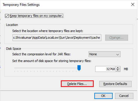 haga clic en el botón Eliminar archivos. Arreglar el binario Java TM Platform SE que no responde en Windows 10