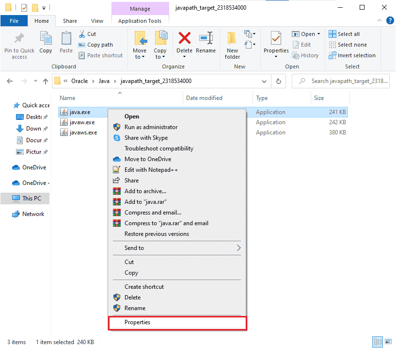 Haga clic derecho en el archivo Java.exe y seleccione la opción Propiedades