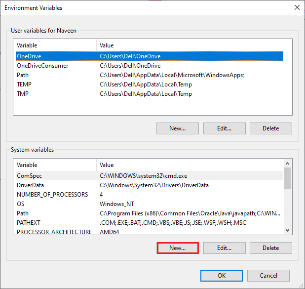 haga clic en el botón Nuevo… debajo de Variables del sistema. Arreglar el binario Java TM Platform SE que no responde en Windows 10