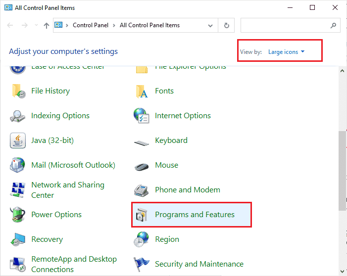 haga clic en Programas y características. Arreglar el binario Java TM Platform SE que no responde en Windows 10